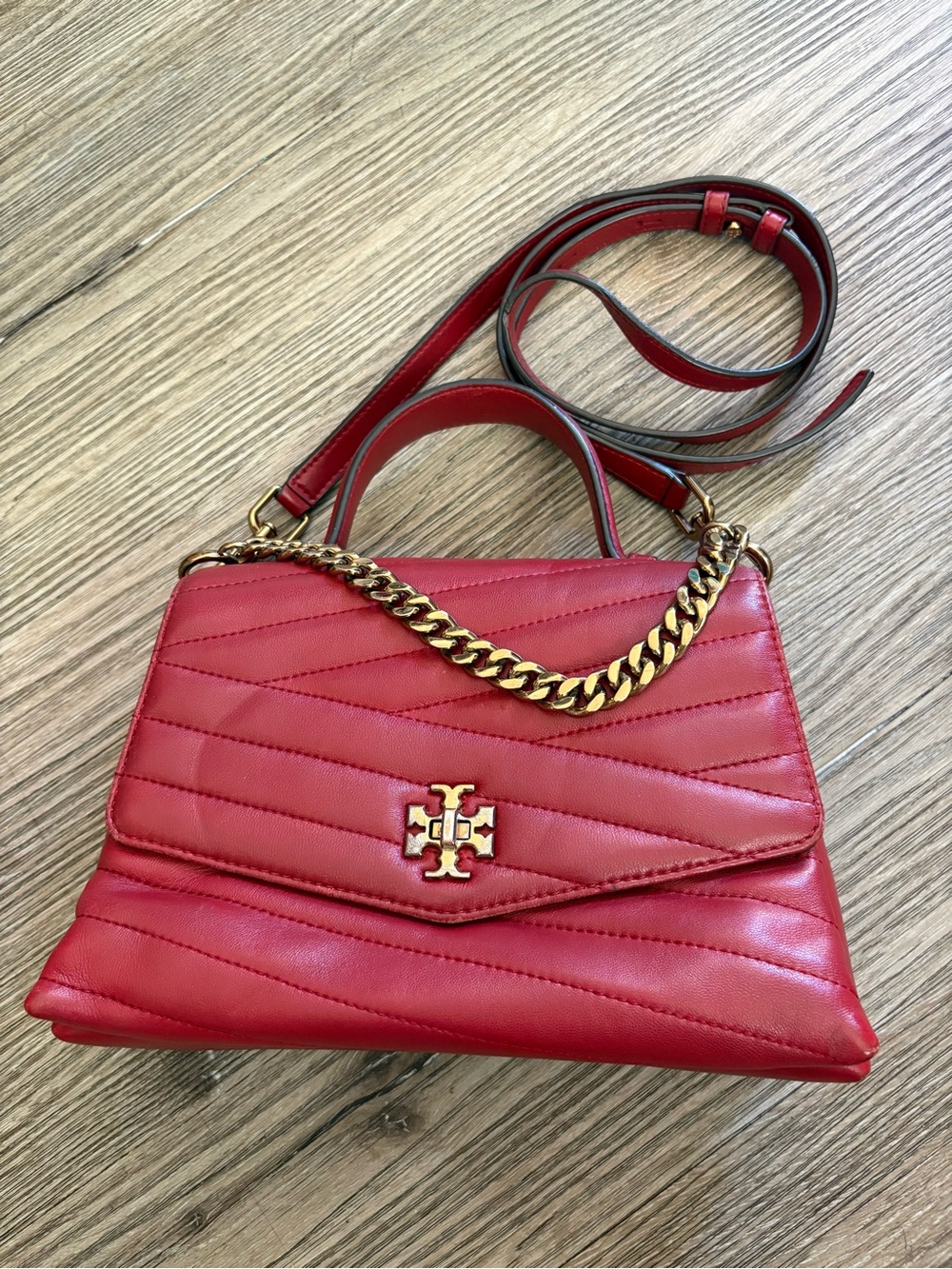 Tory Burch Red Quilted Leather Top-Handle Shoulder Bag with Gold Chain